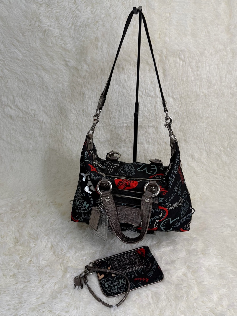 Coach Poppy Graffiti Canvas Shoulder Bag with Matching Wristlet